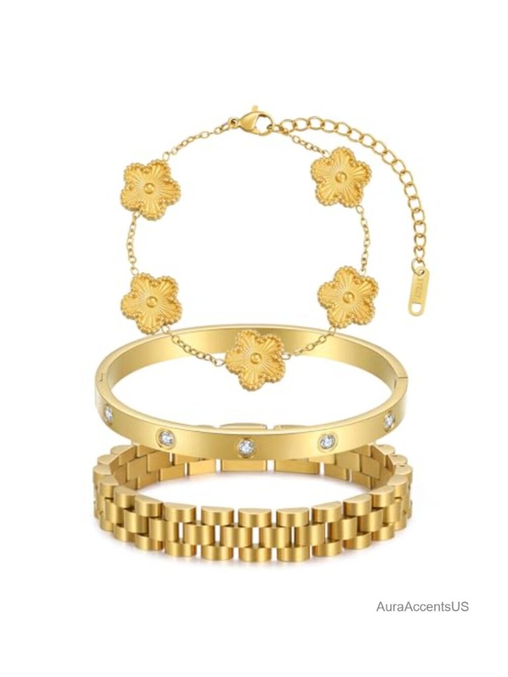18K Gold Plated Four Leaf Clover Bracelet Set for Women, 3 Pcs Bangle Charm